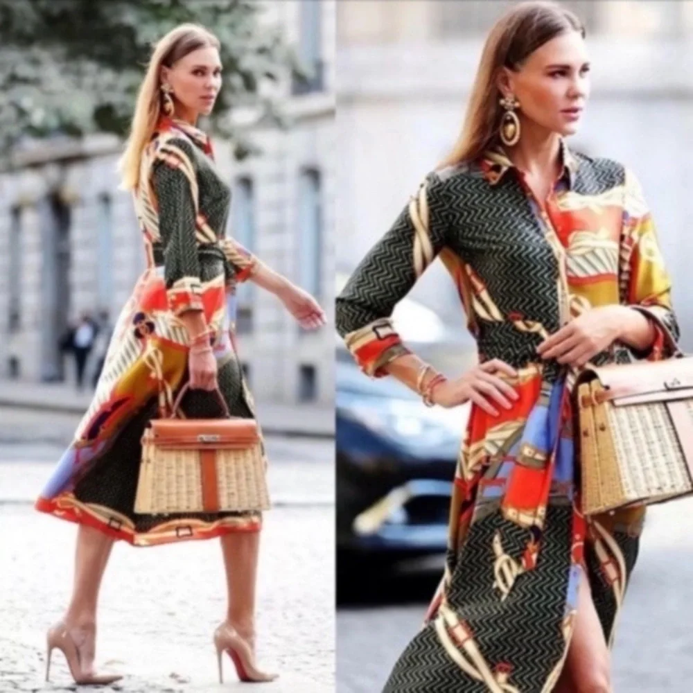 ZARA Scarf Print Midi Maxi Satin Long Sleeve Button Down Shirt Dress - Picture 8 of 14